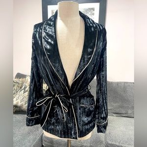 Victoria Secret Black Velour&Satin Striped Robe